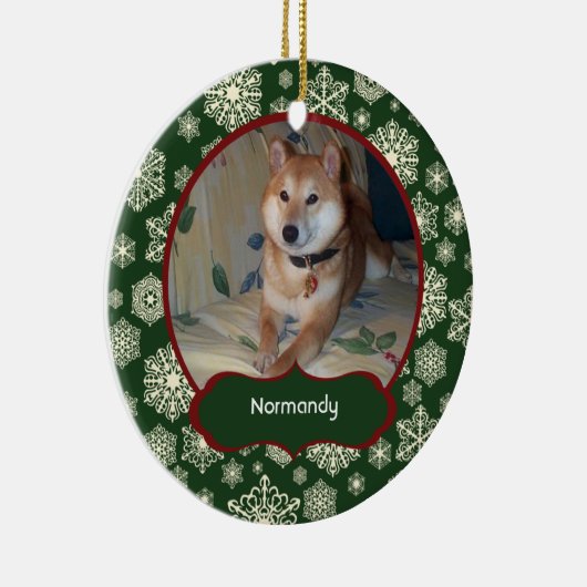 円形深緑色の雪片のパーソナライズな写真 セラミックオーナメント (右)