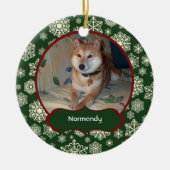 円形深緑色の雪片のパーソナライズな写真 セラミックオーナメント (正面)