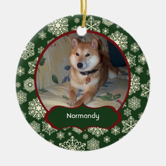 円形深緑色の雪片のパーソナライズな写真 セラミックオーナメント (正面)