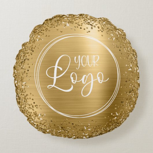 円形金ゴールドグリッターとホイルロゴ ラウンドクッション (正面)