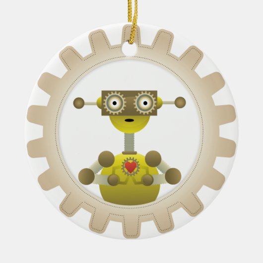 円形Steampunkのギアのハートのオーナメントを持つRobot氏 セラミックオーナメント (正面)