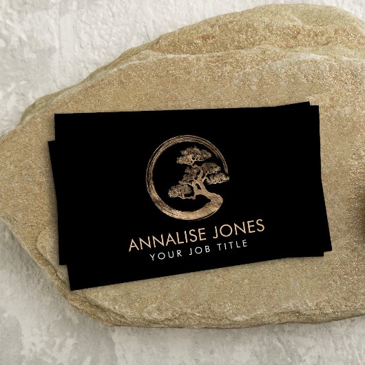 円祖禅サークルと盆栽の木の金ゴールドを黒に 名刺