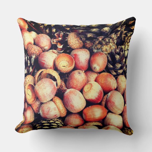 円錐形及びドングリの写真が付いている秋の枕 クッション (正面)