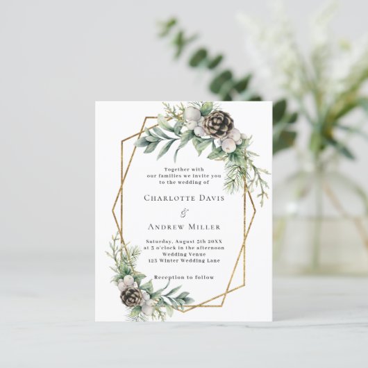 円錐松の緑の幾何学的結婚式招待状 (スタンド正面)