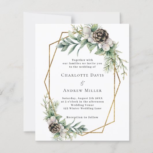 円錐松の緑の幾何学的結婚式招待状 (正面)