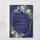 円錐松の緑の金ゴールド幾何学的結婚青 招待状 (正面)