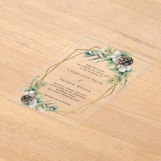 円錐松の緑の金ゴールド幾何澄ん結婚の アクリル招待状 (レイダウン)