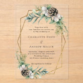 円錐松の緑の金ゴールド幾何澄ん結婚の アクリル招待状 (正面)