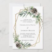 円錐松の緑の金ゴールド幾何結婚の 招待状 (正面)