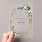 円錐松の緑の金ゴールド澄んフレ結婚ーム アクリル招待状 (インサイチュ (ポータブル))