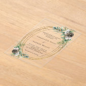 円錐松の緑の金ゴールド澄んフレ結婚ーム アクリル招待状 (レイダウン)