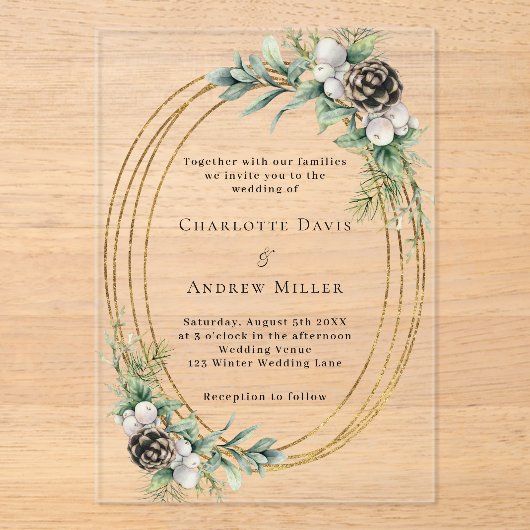 円錐松の緑の金ゴールド澄んフレ結婚ーム アクリル招待状 (正面)