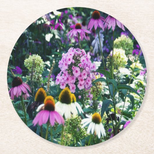 円錐花のピンクのガーデンフロックスの風景 ラウンドペーパーコースター (正面)