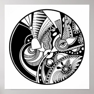 円2の白黒抽象的なZendala ポスター