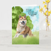 再おもしろいバークアブル秋田犬おめでとう カード (黄色い花)