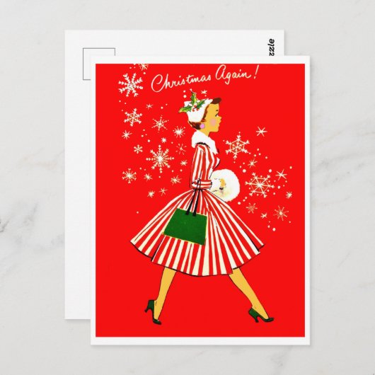 再びクリスマスに若い女性、ヴィンテージ休日 ポストカード (正面/裏面)