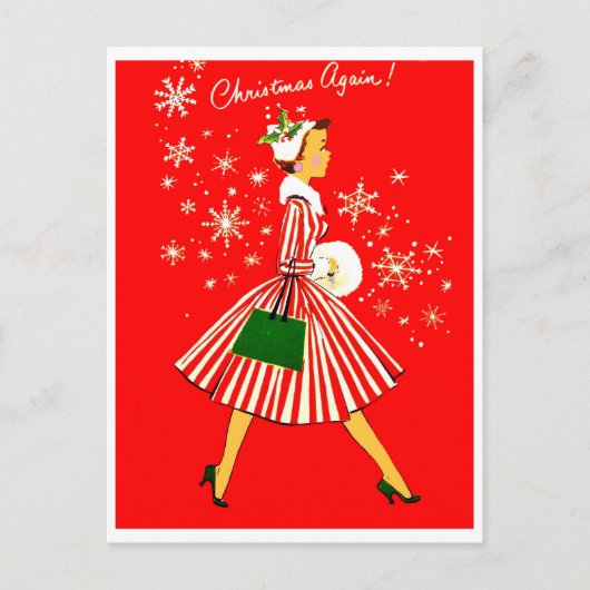 再びクリスマスに若い女性、ヴィンテージ休日 ポストカード (正面)