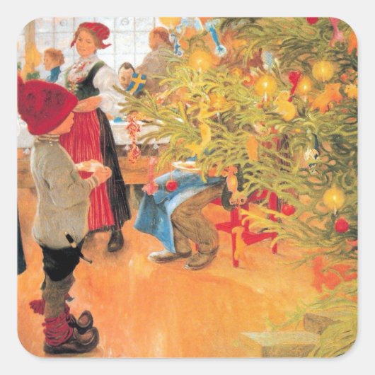 再びクリスマスの時間だ – 木を見ている少年 スクエアシール (正面)