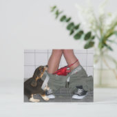 再びズボンを下にキャッチかわいい子犬 ポストカード (スタンド正面)