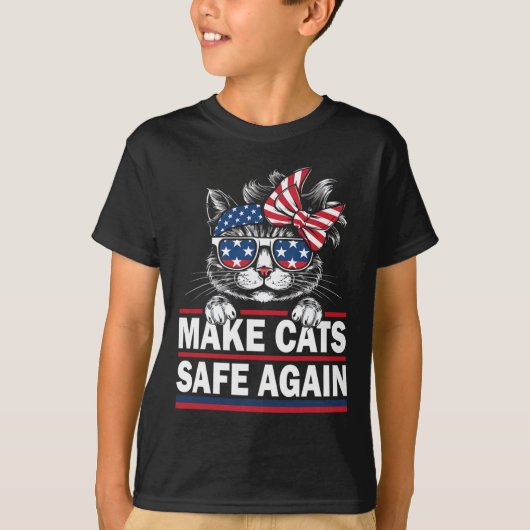 再び猫を安全にするおもしろい猫好きUsa国旗 Tシャツ (正面)
