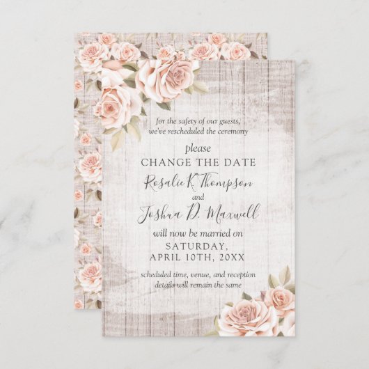 再スケジュールされた素朴バラの日付の結婚変更 招待状 (正面/裏面)