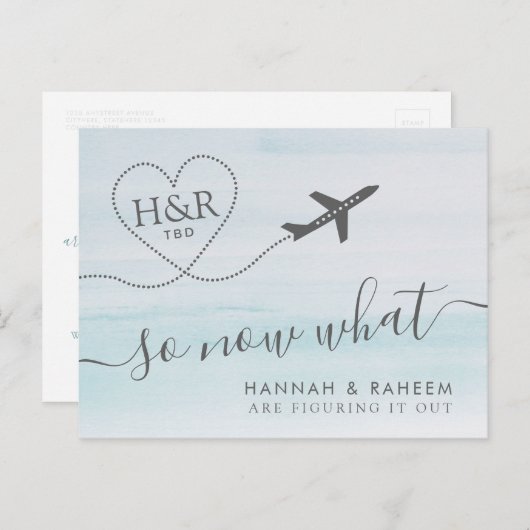 再スケジュールビーチ結婚式おもしろいの未定の発表 案内ポストカード (正面/裏面)