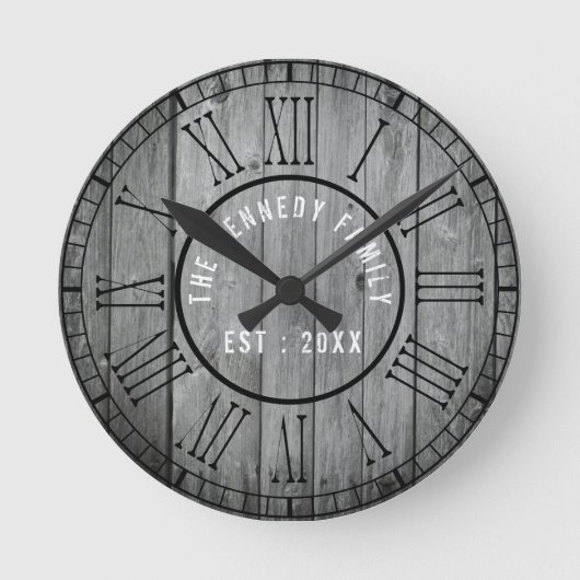 再生ウッドファームハウスブラックローマ数字 ラウンド壁時計 (正面)