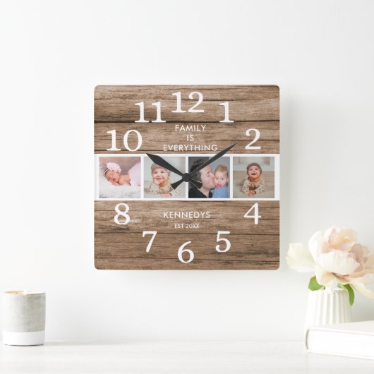 再生素朴木材4フォトファミリー引用文 スクエア壁時計 (ホーム)