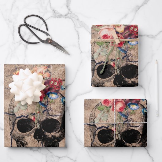再生 – スカルが粉々から咲く ラッピングペーパーシート (正面)