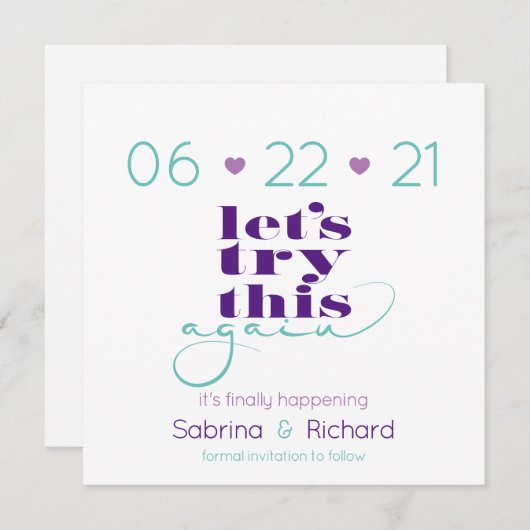 再試行薄紫ナスティール(緑がかった色)日付を保存 招待状 (正面/裏面)