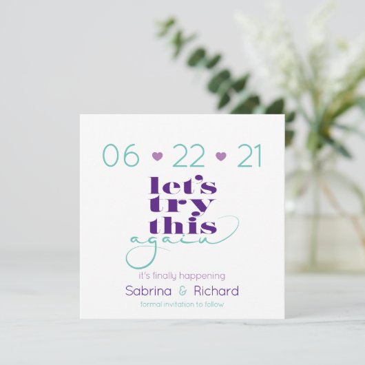 再試行薄紫ナスティール(緑がかった色)日付を保存 招待状 (スタンド正面)