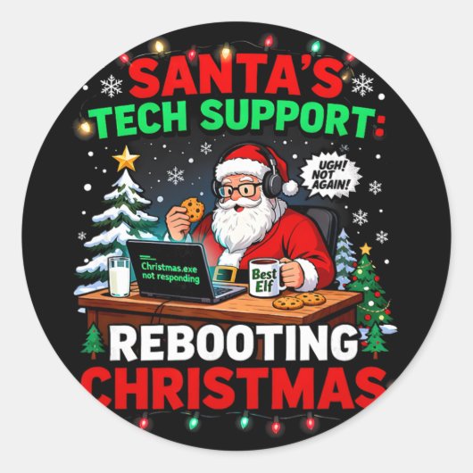 再起動おもしろサンタのテクニカルサポート クリスマスコメ ラウンドシール (正面)