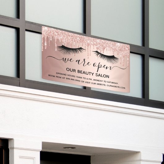 再開美しいサロンバラ金ゴールドグリッター点滅 横断幕 (ビルの外側)