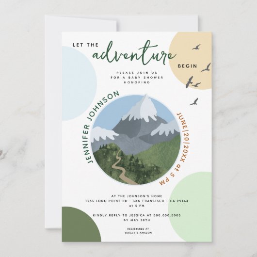 冒険から山の赤ちゃんシャワーを始める 招待状 (正面)