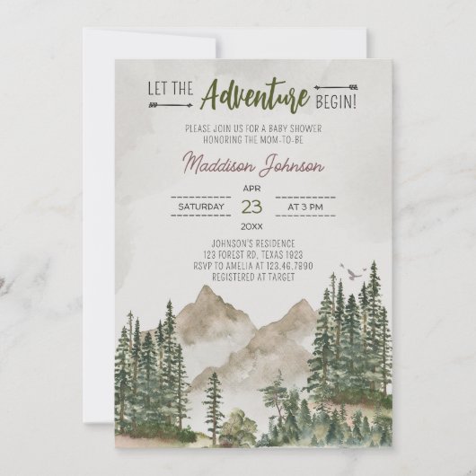 冒険から山の赤ちゃんシャワーを始める 招待状 (正面)