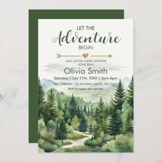 冒険から森の男の子ベイビーシャワーを始める 招待状 (正面/裏面)