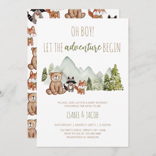 冒険から森の赤ちゃんシャワーを始める 招待状 (正面/裏面)