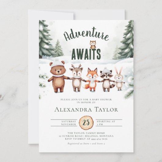 冒険かわいいウッドランド動物の冬の赤ちゃんシャワー 招待状 (正面)