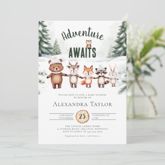 冒険かわいいウッドランド動物の冬の赤ちゃんシャワー 招待状 (スタンド正面)