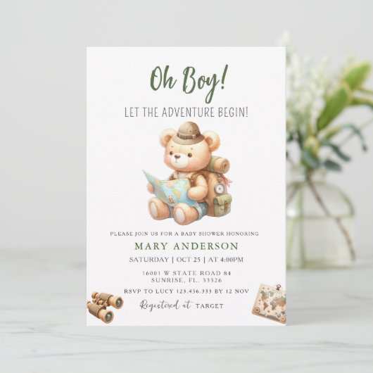 冒険がかわいいクマの夏の赤ちゃんシャワー 招待状 (スタンド正面)
