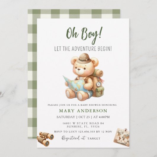 冒険がかわいいクマの夏の赤ちゃんシャワー 招待状 (正面/裏面)