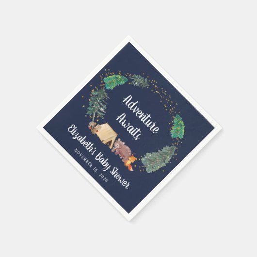 冒険がウッドランド動物の赤ちゃんシャワーを待つ スタンダードカクテルナプキン (角)