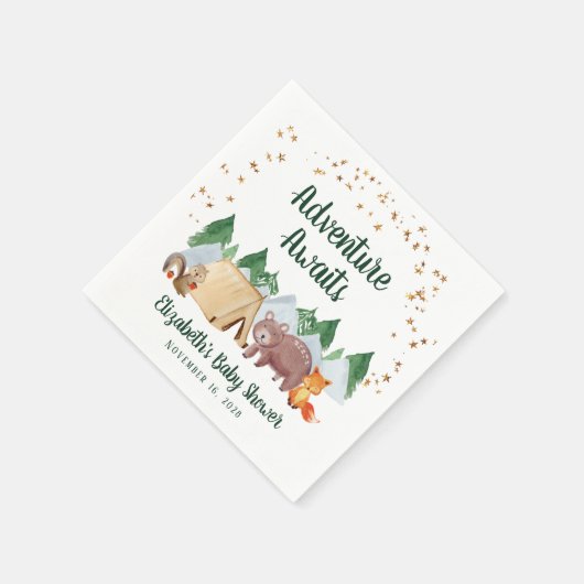 冒険がウッドランド動物の赤ちゃんシャワーを待つ スタンダードカクテルナプキン (角)