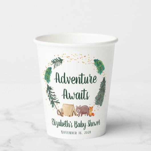 冒険がウッドランド動物の赤ちゃんシャワーを待つ 紙コップ (裏面)