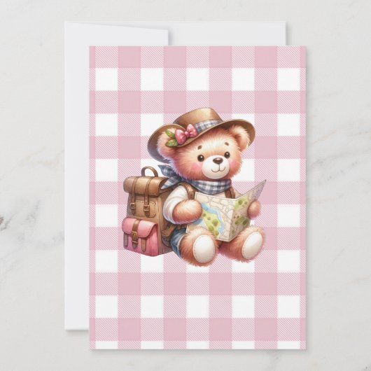 冒険がピンクかわいいクマの赤ちゃんシャワーを始める 招待状 (裏面)