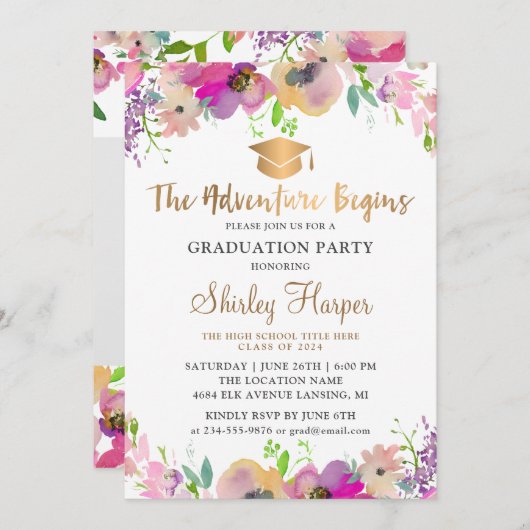 冒険がピンクのフローラ卒業写真を始める 招待状 (正面/裏面)