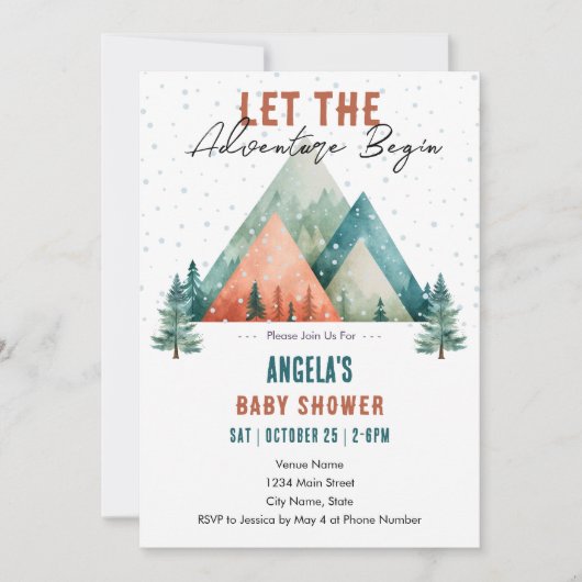 冒険が冬の山の赤ちゃんシャワーを開始 招待状 (正面)