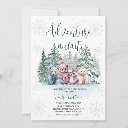 冒険が冬の森の動物の赤ちゃんシャワーを待つ 招待状 (正面)