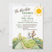 冒険が始まるよ!子ギツネが自転車に乗って、赤ちゃん歓迎会 招待状 (正面)