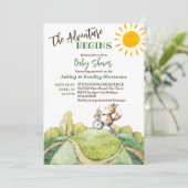 冒険が始まるよ!子ギツネが自転車に乗って、赤ちゃん歓迎会 招待状 (スタンド正面)